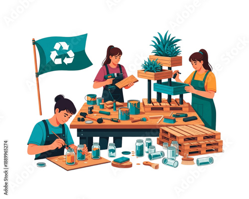 Creative Upcycling and DIY Workshop Vector. People Repurposing Wood Pallets and Glass Jars into Decor. Sustainable Crafting, Reuse, and Recycling Concept Illustration.