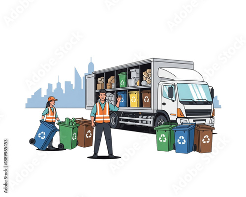 Co-Recycling Collection Truck with Workers and Sorted Waste Bins Flat Vector Illustration, Municipal Waste Management Service, Urban Recycling Logistics, Circular Economy Concept