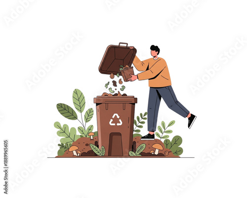 Man pouring organic food scraps into brown compost bin. Sustainable bio-waste recycling, eco-friendly gardening, and nature fertilizer concept. Flat vector illustration.