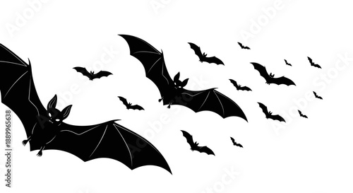 Silhouettes of Flying Bats on a White Background - Spooky Halloween Atmosphere