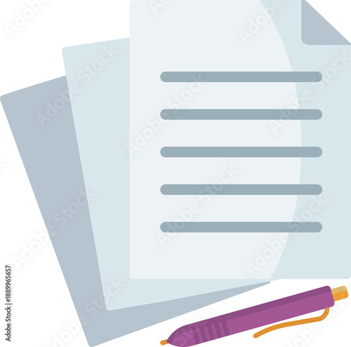 Stacked papers with pen suggest review, analysis, planning, or important documentation awaiting signature.