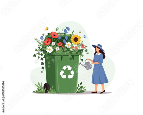 Woman watering blooming flowers growing in green recycling bin. Transformation of waste into nature, eco-friendly gardening, and sustainability concept. Flat vector illustration.