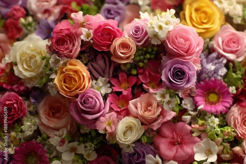Heart-shaped floral arrangement with vibrant roses and blossoms