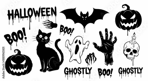 Creepy Halloween Icons Collection with Black Cat, Ghosts, Bats, Pumpkins, Skull