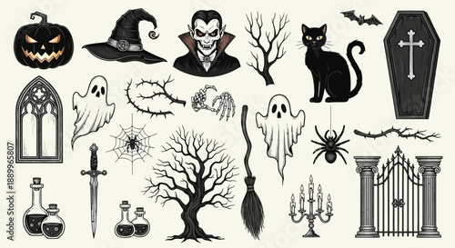 Spooky Halloween Elements Collection: Vampire, Pumpkin, Witch Hat, Ghosts, and More