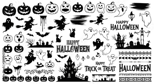 Halloween Icons Set: Pumpkins, Ghosts, Witches, Bats, Haunted Houses, and More Spooky Elements