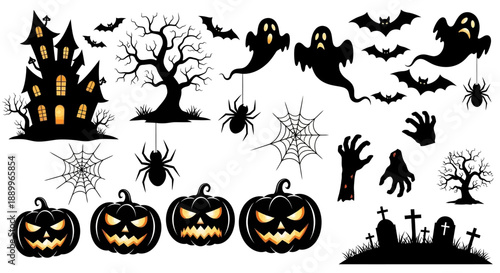 Spooky Halloween Vector Icons: Haunted House, Ghosts, Pumpkins, Bats, Spiders, and Graveyard