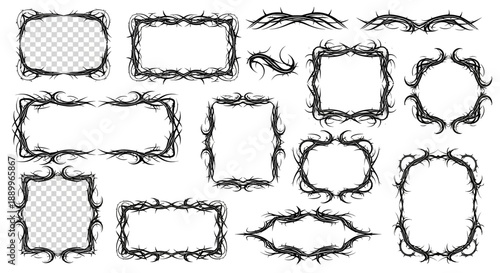 Collection of Black Ornate Frames with Thorny Vines and Swirls - Vector Art