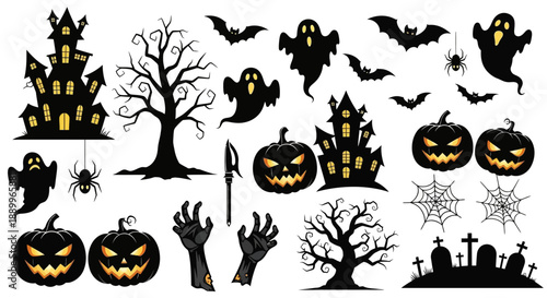 Happy Halloween Spooky Scene Collection with Pumpkins, Ghosts, Haunted Houses, and Bats