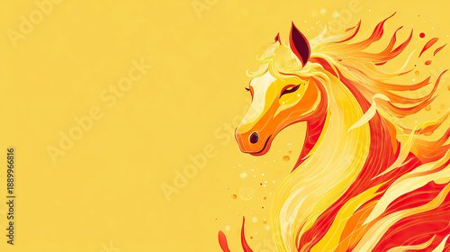 close up modern style fire horse, bold outlines, warm festive colors, for Chinese New Year 2026, Year of the Fire Horse with copy space