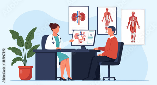 Medical Consultation Vector Illustration of Doctor and Patient Discussing Health with Anatomical Diagrams