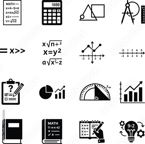Math Education and Trigonometry Icon Set Featuring Minimalist Black Vector Symbols for Algebra Formulas Geometric Drawing Tools Statistical Data and Academic Mathematics Learning