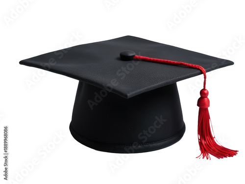 A graduation cap with a red tassel, often worn by graduates to celebrate their achievement