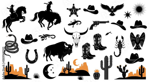 Wild West Silhouette Collection: Cowboys, Animals, and Desert Landscapes