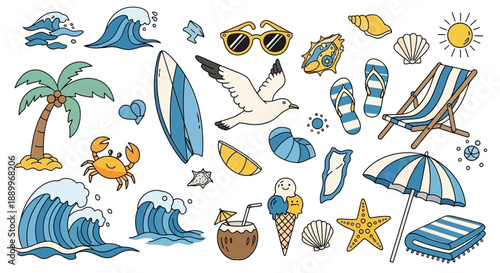 Vibrant Summer Beach Vacation Icons and Symbols Collection