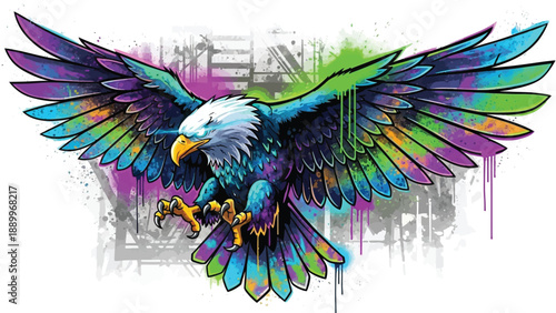 Vibrant illustration of a bald eagle with colorful wings spread wide against a graffiti background with splashes of pink, green, and purple.
