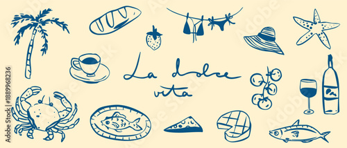 Hand drawn crayon Italian line food vacation lunch collection in simple minimalistic style. Vector whimsical breakfast doodle sketch set. 