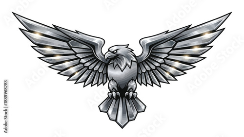A metallic eagle emblem with outstretched wings and glowing accents against a plain white background in a graphic illustration.