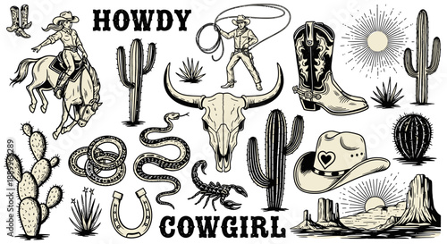 Wild West Cowgirl Elements: Cowboy Boots, Cactus, Skull, and Landscape Icons