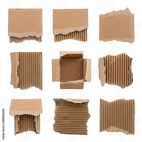 Various torn corrugated cardboard, isolated on transparent background.