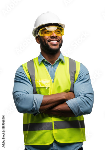 professional african american man, late 20s, hard hat, yellow goggles, neon safety vest, arms crossed, smiling triumphantly against transparent studio background. concept of success in engineering