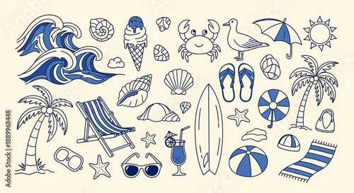 Summer Beach Vacation Icons: Waves, Palm Trees, Sun, and Beach Accessories