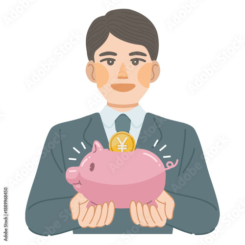 豚の貯金箱を笑顔で持つ、スーツ姿の男性のイラスト