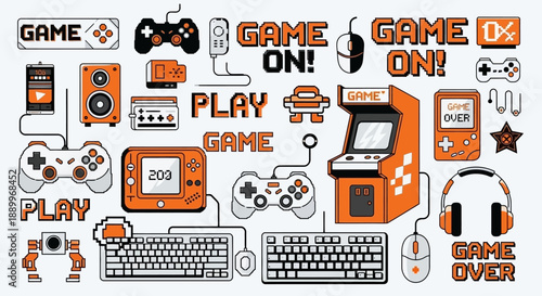 Retro Gaming and Entertainment Icons: Play, Game On, and Over Symbols