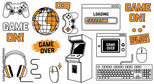 Vintage Gaming Collection: Controllers, Arcade, Computer, and Headphones Icon Set