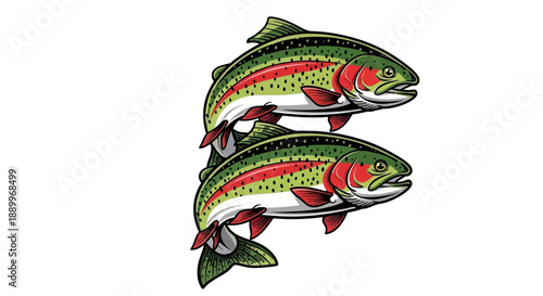 Two Rainbow Trout Fish Jumping Together Symbolizing Fishing and Outdoor Recreation