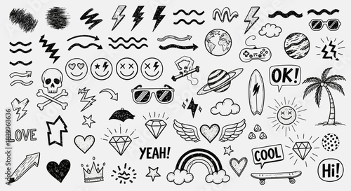 Doodle Collection: Skulls, Lightning, Hearts, Sun, and Fun Icons