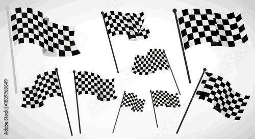 Collection of Chequered Flags Waving on Poles for Racing, Sports, and Competitions