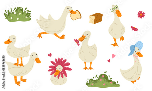 Cute goose cartoon sticker set with funny duck characters. Cottage core. Adorable geese vector hand drawn illustration for sticker pack, packaging, branding, postcards, scrapbooking, journaling