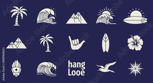 Tropical and Surf Icons Collection: Palm Trees, Waves, Mountains, Sun, and Beach Gear