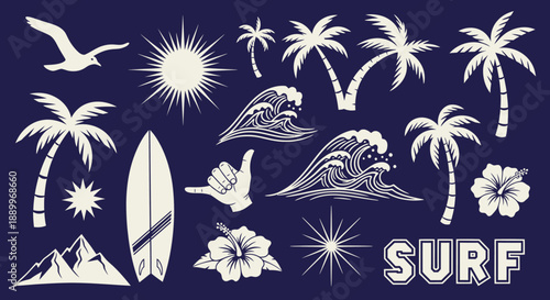 Summer Tropical Beach Vibes: Surfboard, Palm Trees, Waves, and Sun Icons