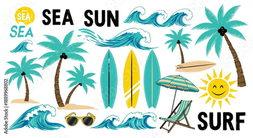 Summer Beach Vacation Elements: Palm Trees, Surfboards, Sun, Waves, and Beach Chair