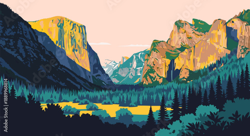Beautiful Yosemite Valley landscape vector illustration with mountains, pine trees, and a lake at sunset