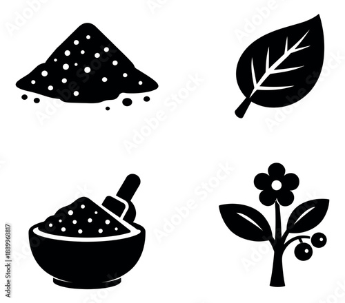 Silhouette icon set featuring natural ingredients for herbal and wellness concepts