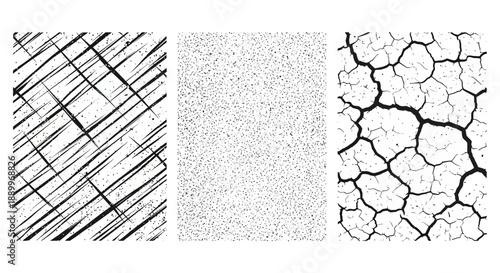 Set of Three Grunge Textures: Diagonal Stripes, Speckled Noise, and Cracked Earth