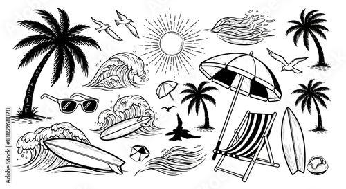Summer Beach Vacation Collection: Palm Trees, Surfboards, Waves, and Sun Icons