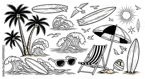 Summer Beach Holiday Scene with Palm Trees, Surfboards, Waves, and Beach Chair
