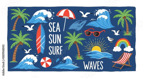 Vibrant Summer Beach Scene with Palm Trees, Waves, Sun, and Surfboard