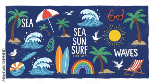 Summer Beach Vacation Vibes: Sea, Sun, Surf, Waves, Rainbow, Palm Trees, and Beach Chair