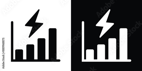 Energy efficiency and power consumption bar chart icon with a lightning bolt symbol. Modern flat vector illustration for utility, data analytics, and electricity usage concepts.