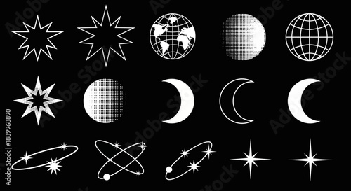 Collection of 15 White Geometric Icons and Symbols on Black Background