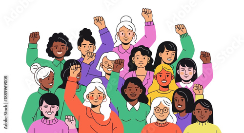 Diverse group of women raising fists in solidarity for empowerment and strength concept