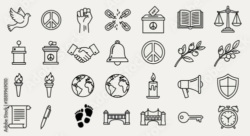 Collection of peace and justice symbols and icons, vector art