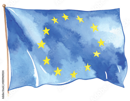 European Union flag painted in watercolor style with yellow stars illutrastion transparent background