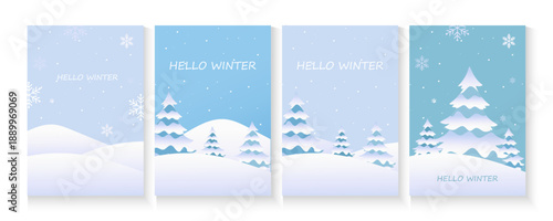 winter landscape illustration with snowy trees, winter holiday greeting card, poster, cover set. merry christmas White snowflakes flying in the air blue sky. Snow flakes, snow background. 