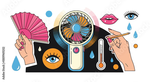 Summer Heat Relief: Fan, Thermometer, and Woman's Hand with Hand Fan